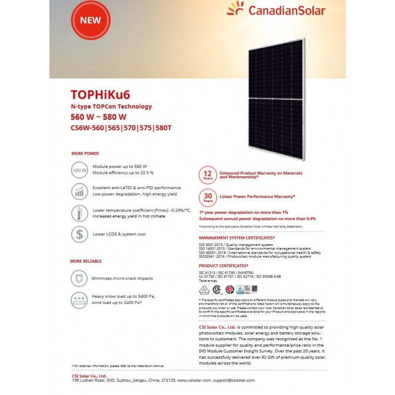 Panou fotovoltaic Canadian Solar 580W - CS6W-580T TOPHiKu6 N-type